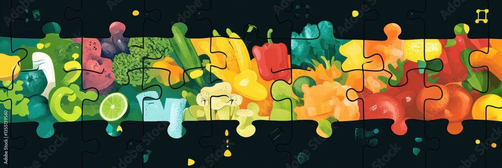 Poster Fresh groceries form a vibrant puzzle representing a complete shopping experience with modern colorful details