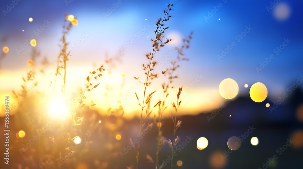 Poster Glowing sunset over tall grass in a serene landscape with soft bokeh light creating a magical atmosphere : Generative AI