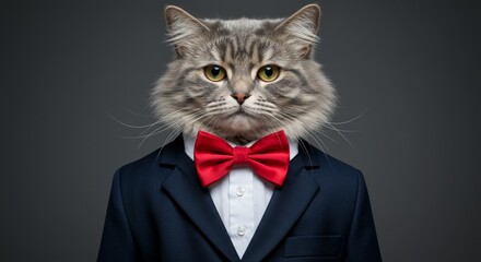 The Dapper Cat in a Suit - A sophisticated feline, wearing a suit and bow tie, embodies elegance, confidence, and business acumen. Symbolizing success, , and professionalism