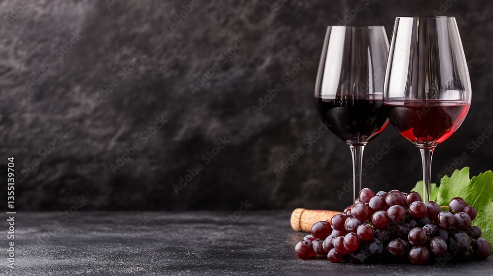 Poster elegant wine glasses filled with red wine alongside fresh grapes on a dark textured surface : genera