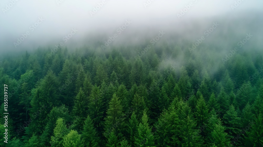 Poster lush green forest covered in mist creating a serene atmosphere for nature lovers : generative ai