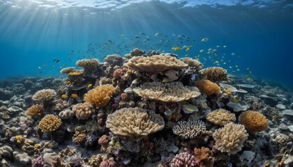 Fototapeta premium Underwater Coral Reef Scene with Sunlight and Schools of Colorful Fish