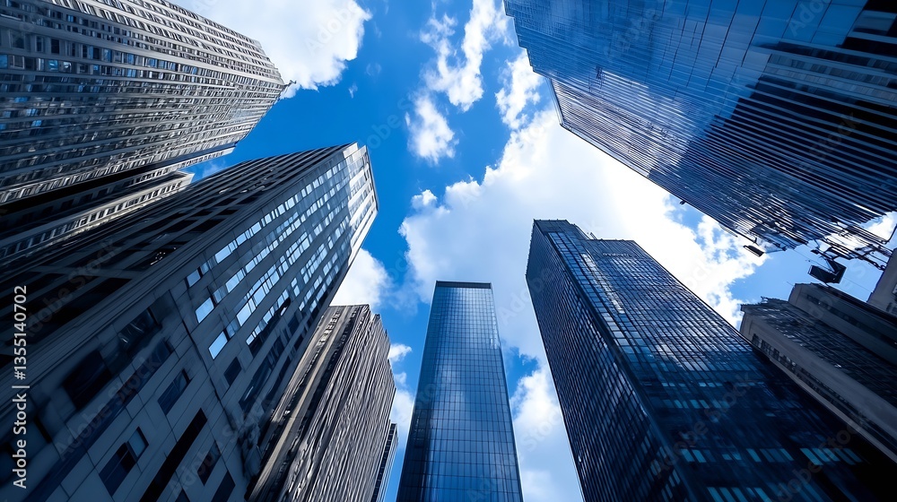 Poster dynamic view looking up at towering skyscrapers against a bright blue sky with scattered clouds : ge