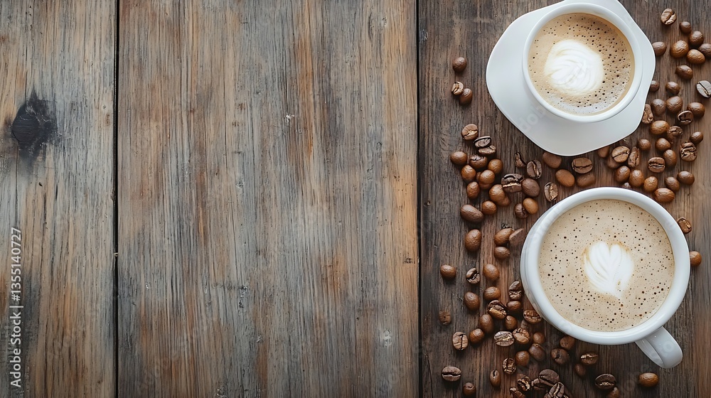 Poster warm coffee cups surrounded by roasted beans on a rustic wooden table : generative ai