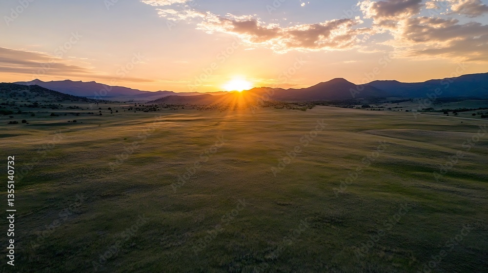 Poster majestic golden sunset over rolling hills with expansive field in view : generative ai