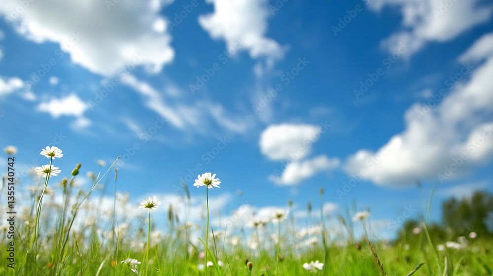 Aufkleber vibrant field of daisies under a bright blue sky with fluffy white clouds making a serene nature sce