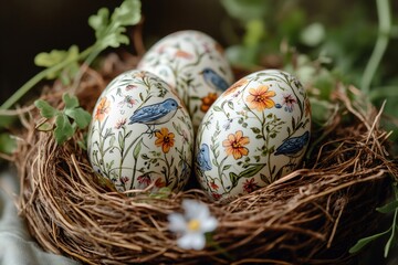 Obraz premium Decorated easter eggs with floral and bird motifs resting in a nest