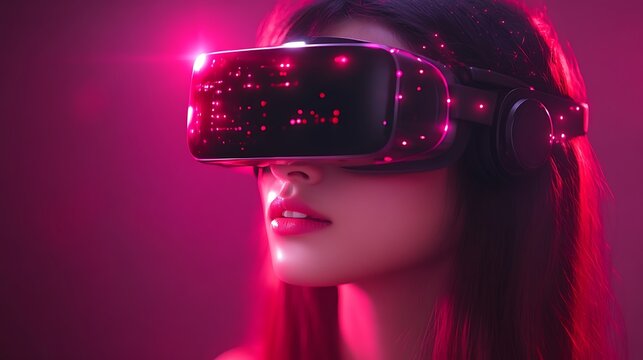 Woman uses VR headset, pink studio
