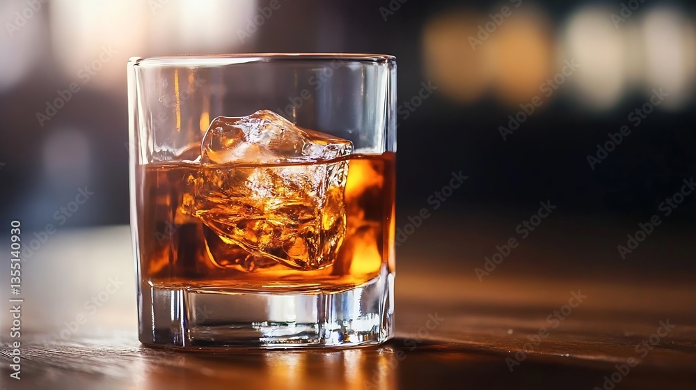 Aufkleber Refreshing Glass of Whiskey with Ice Cubes in a Stylish Bar Setting : Generative AI