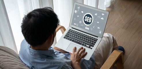 SEO search engine optimization for modish e-commerce and online retail business showing on computer...