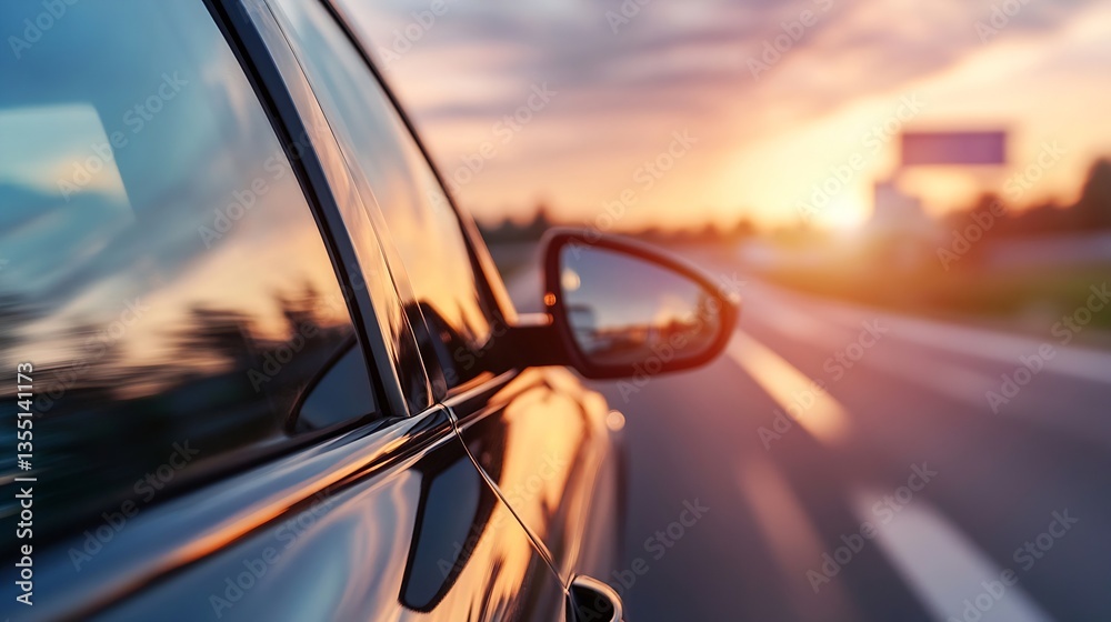 Aufkleber Stunning sunset view captured from the side of a car driving on an open road with blurred scenery : Generative AI