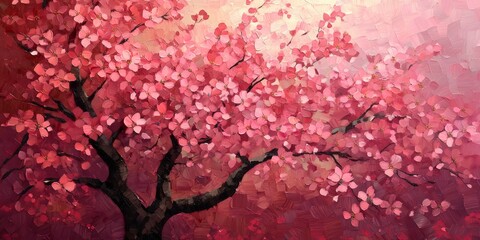 Blooming cherry tree painting with pink flowers and impasto technique