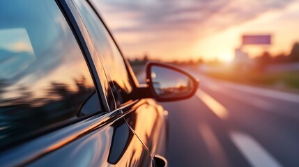 Stunning sunset view captured from the side of a car driving on an open road with blurred scenery : Generative AI