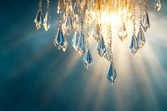 Elegant Chandelier Crystals Hanging with Golden Light Rays Shimmering Background