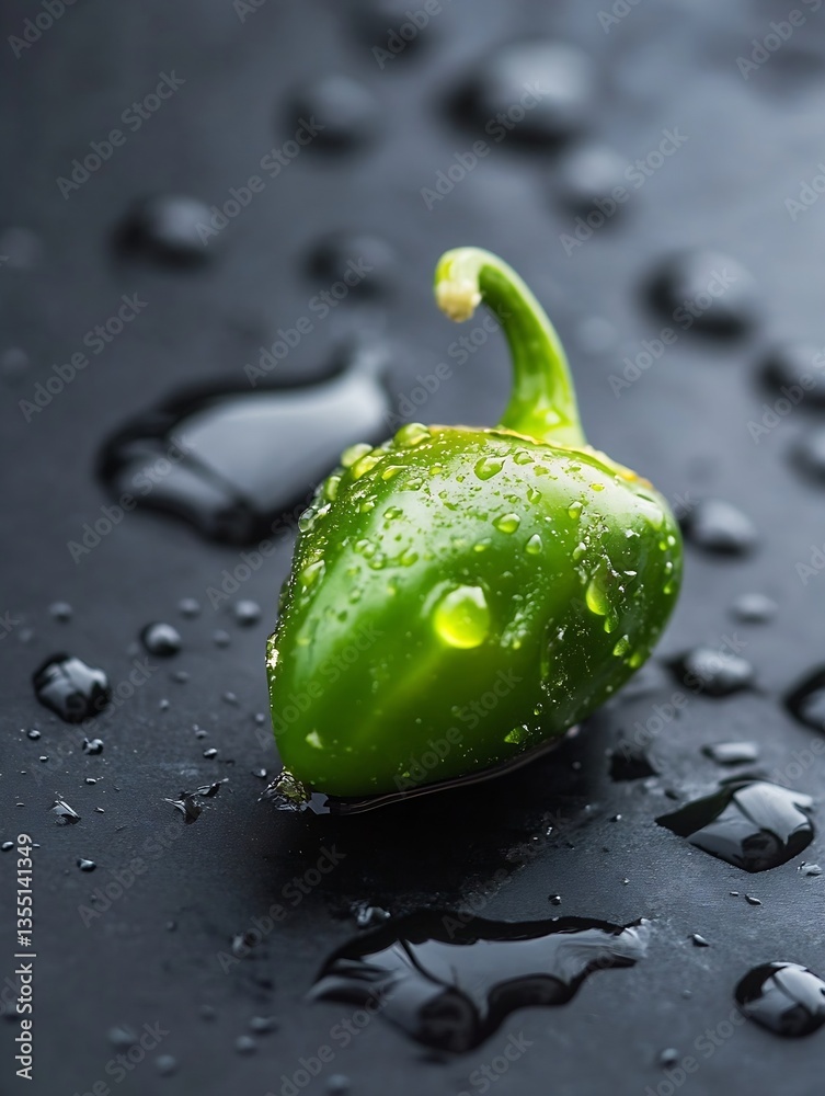 Aufkleber fresh green jalapeno pepper with water droplets on dark surface showcasing its vibrant color and tex