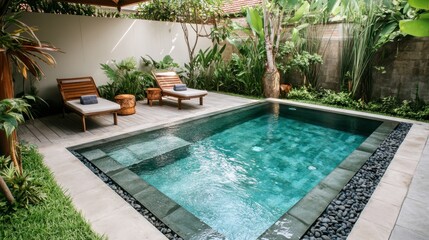 Tranquil Backyard Oasis with Modern Pool and Lush Greenery