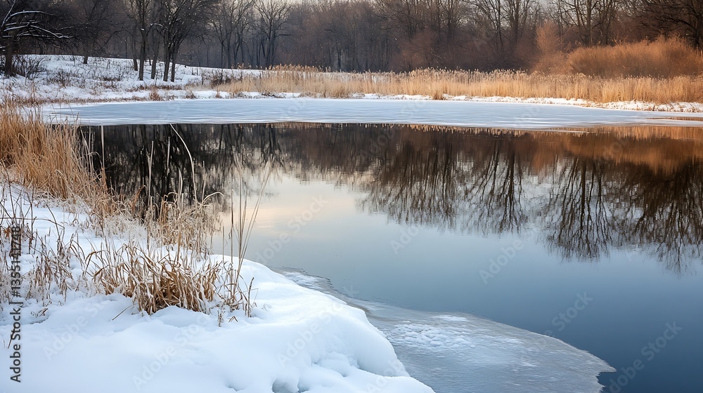 Aufkleber tranquil winter scene featuring a still frozen lake surrounded by snow and shaded trees reflecting t