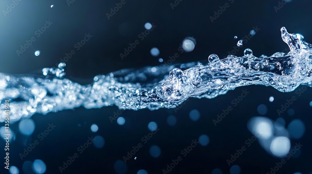 Poster Dynamic closeup shot of splashing water droplets illuminated by soft light in a dark background : Generative AI
