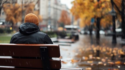 Young man sitting alone on bench during rainy autumn day surrounded by colorful fallen leaves : Generative AI