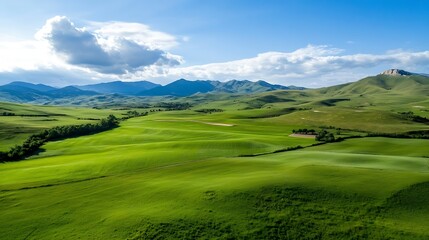 Obraz premium Expansive green landscape with rolling hills and mountains under a clear blue sky for outdoor adventures : Generative AI