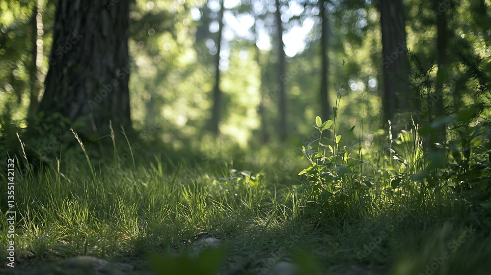 Poster serene forest path surrounded by vibrant greenery and soft sunlight illuminating the trail : generat