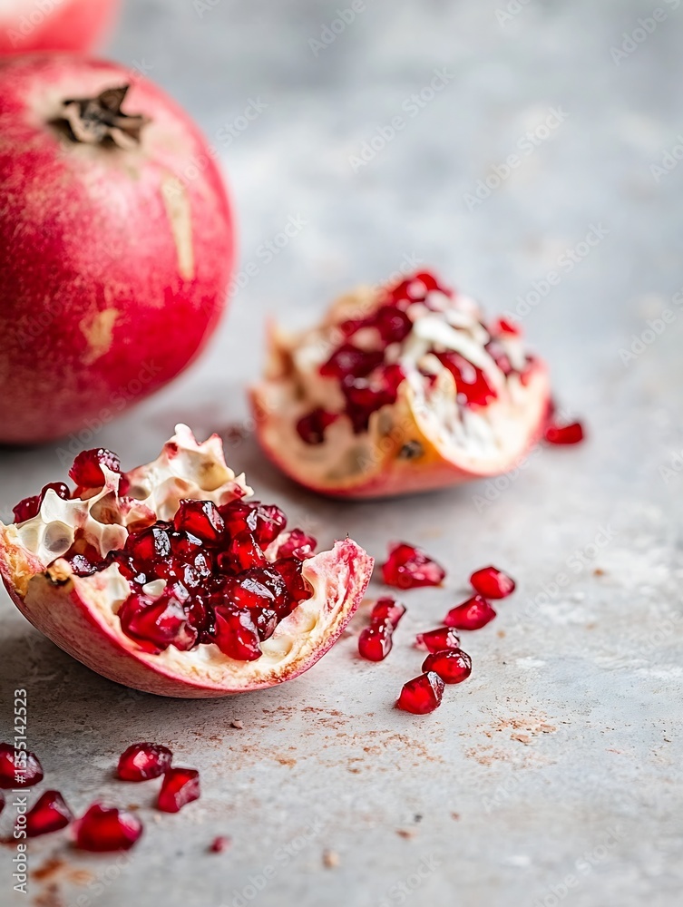Aufkleber Fresh ripe pomegranate with juicy red seeds displayed on a rustic stone surface : Generative AI