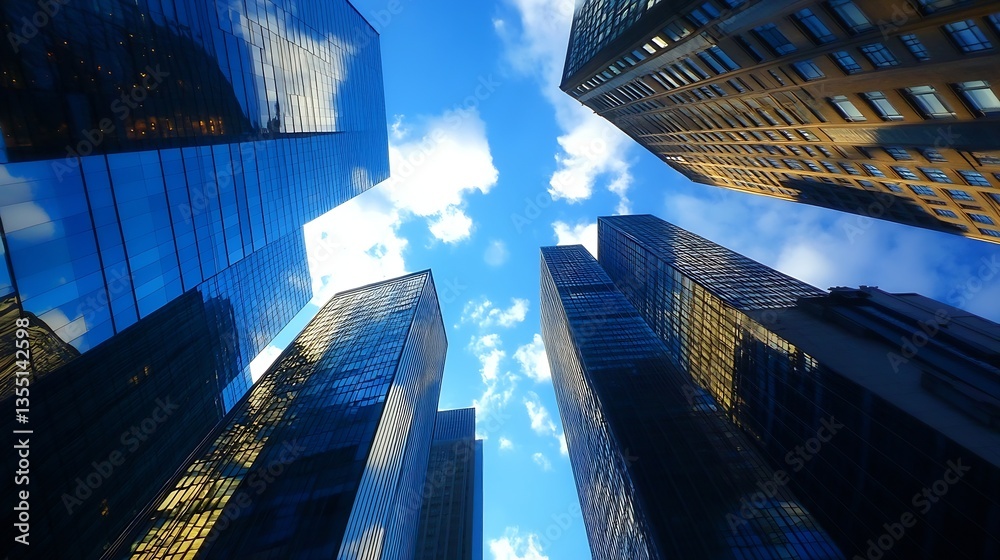 Aufkleber stunning view of skyscrapers against a bright blue sky with fluffy clouds creating an urban landscap