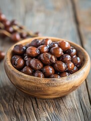 Rustic wooden bowl filled with glistening brown seeds surrounded by natural textures depicting healthy snacks : Generative AI