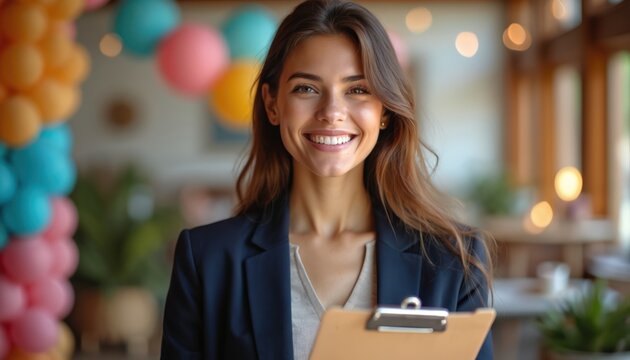 Smiling event planner woman holding clipboard at party. Cheerful organizer in suit surrounded by colorful balloons. Indoor celebration, joyful occasion, birthday, festive mood. Confident, pro,