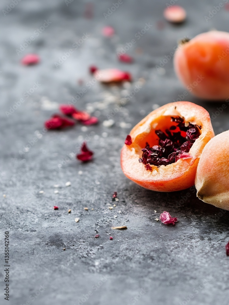 Poster ripe apricot halves with scattered seeds and dried petals on a textured dark background : generative