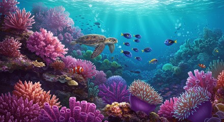 Obraz premium Vibrant Coral Reef Ecosystem - A stunning underwater scene showcasing a diverse coral reef teeming with life, including a sea turtle and colorful fish