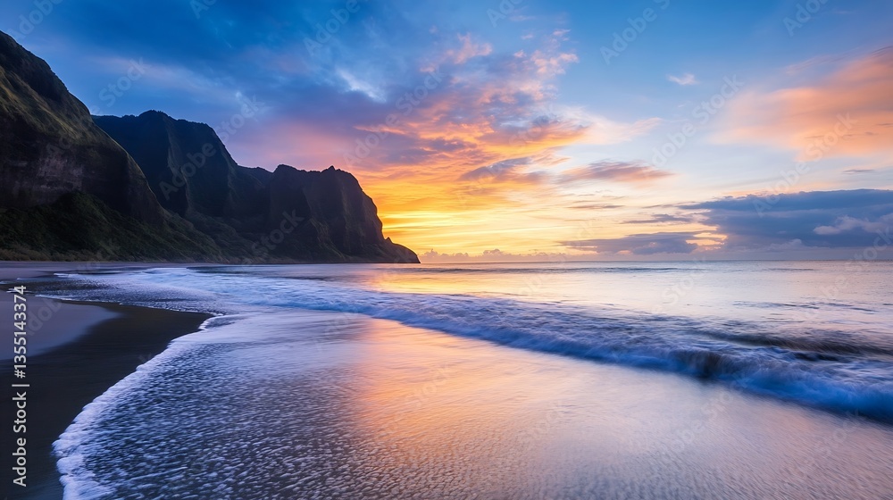 Poster stunning sunset over the ocean with rocky cliffs creating a serene beach landscape : generative ai