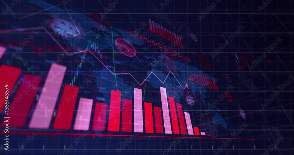 Aufkleber red and white bar graphs with data processing animation over digital grid background