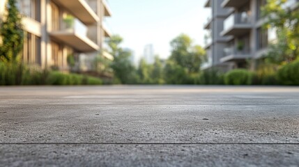 Modern Apartment Buildings and Greenery with Concrete Walkway, Blurred Background