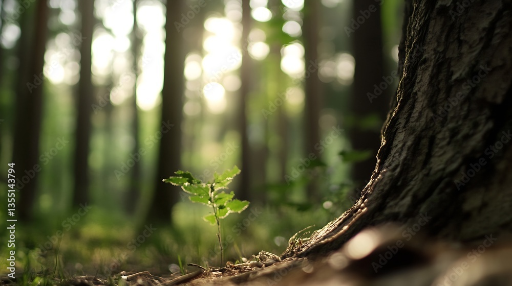 Fototapete close up view of small green plant thriving in serene forest setting with beautiful soft light filte