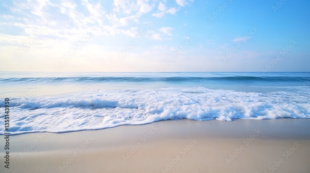 Poster serene and beautiful ocean waves gently lapping on a sandy beach under a clear blue sky : generative