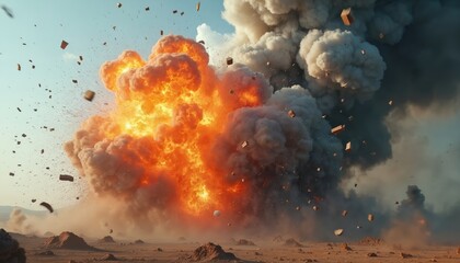 Dynamic explosion with flying debris, billowing smoke, and intense orange grey hues. Destruction, energy, chaos, devastation, intense impact blast scene.
