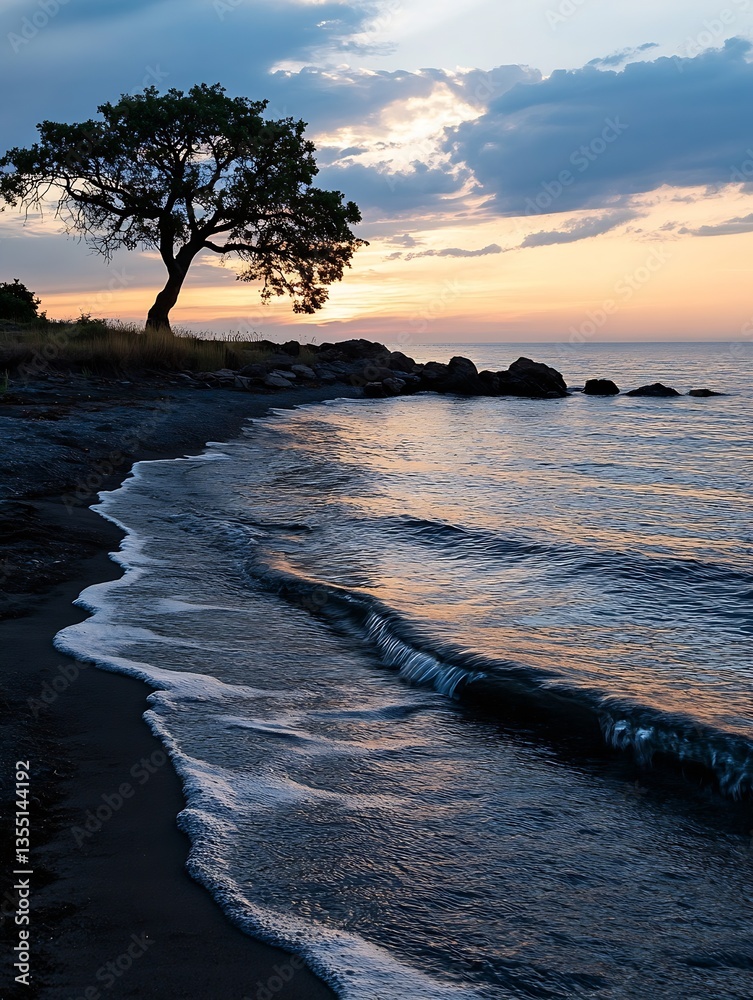 Leinwandbilder a tranquil sunset over a quiet lake with a lone tree on the shore creating a serene landscape : gene