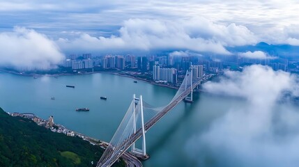 Fototapeta premium Breathtaking aerial view of a modern city skyline reflecting on water under a dramatic cloudy sky : Generative AI