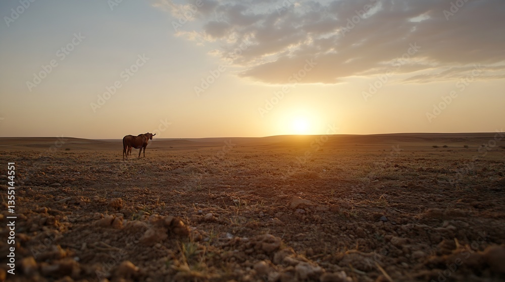 Poster lonely cow standing in an empty desert landscape during sunset with warm colors and clear sky : gene