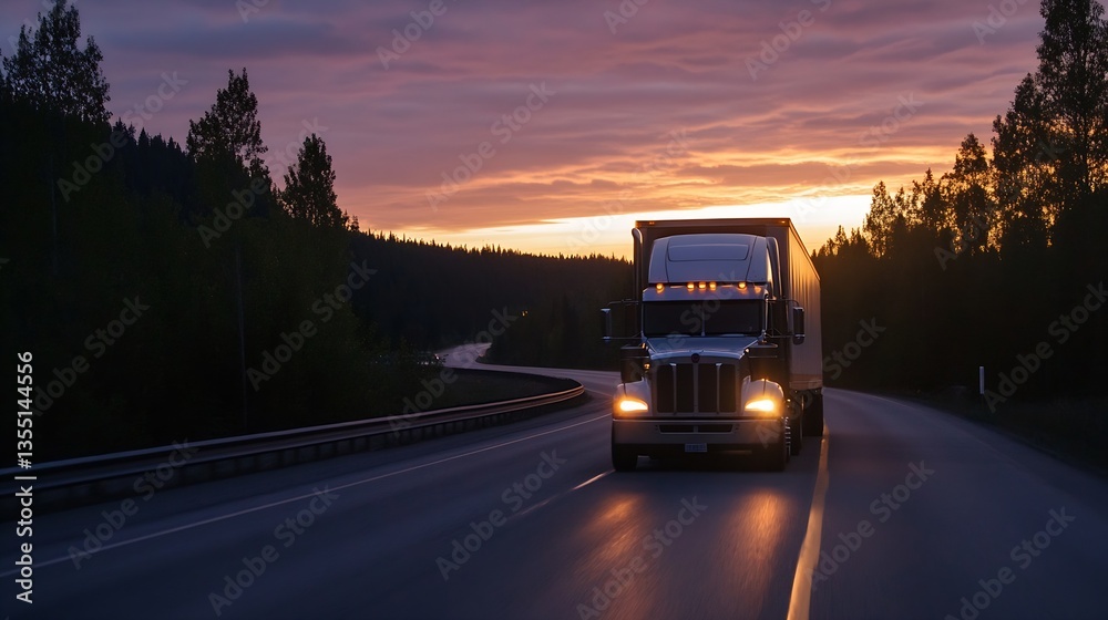 Poster black truck traversing a winding road amidst trees during the twilight hour showcasing a calm nature