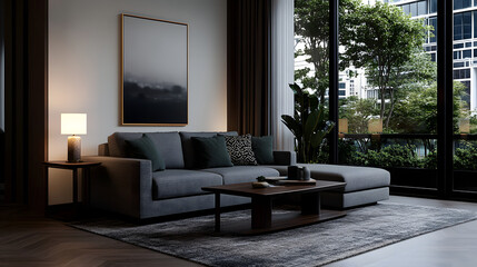 Modern living room with comfortable sectional sofa, wooden coffee table, and warm lighting