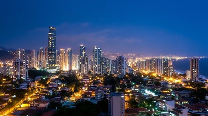 Naklejka premium Stunning city skyline illuminated at night showcasing vibrant lights and modern architecture : Generative AI