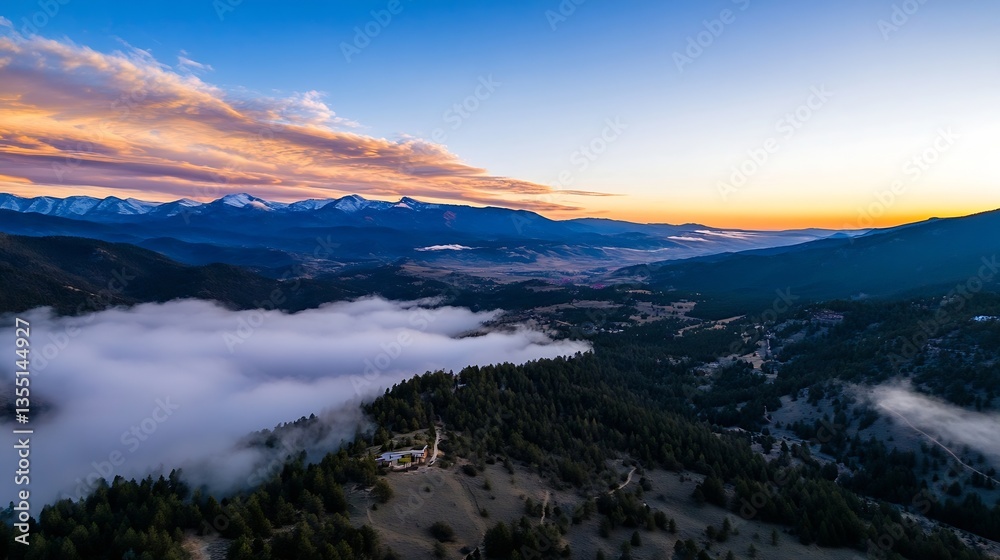 Aufkleber stunning aerial view of a valley covered in fog with majestic mountains in the background at sunrise