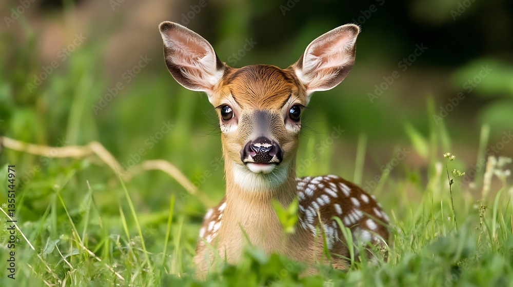 Poster adorable young fawn resting in lush green grass with soft focus on its environment : generative ai