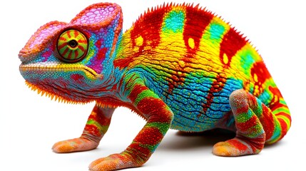 Vibrant and Colorful Chameleon in a Close-Up Portrait Against a Plain Background
