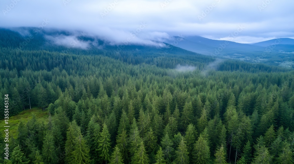 Poster breathtaking aerial view of endless lush pine trees nestled amid misty mountains : generative ai