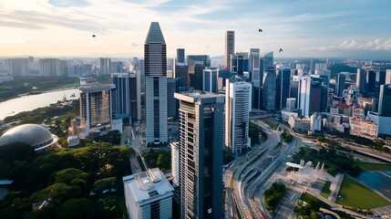 Aerial view of a bustling city skyline with modern architecture lush greenery and vibrant urban life : Generative AI