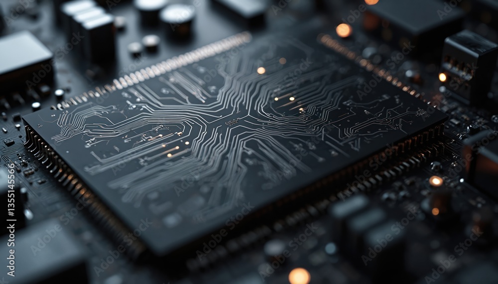 Aufkleber Dark computer circuit board close-up with intricate tech design. AI ML technology hardware. Electronic digital component with processor, connections, microchips. Tech industry, modern futuristic