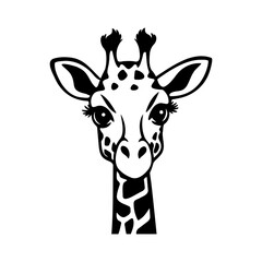 Giraffe Head Illustration. Giraffe's head featuring expressive eyes long eyelashes, and distinctive markings for logos, tattoos, wildlife art, or decorative prints